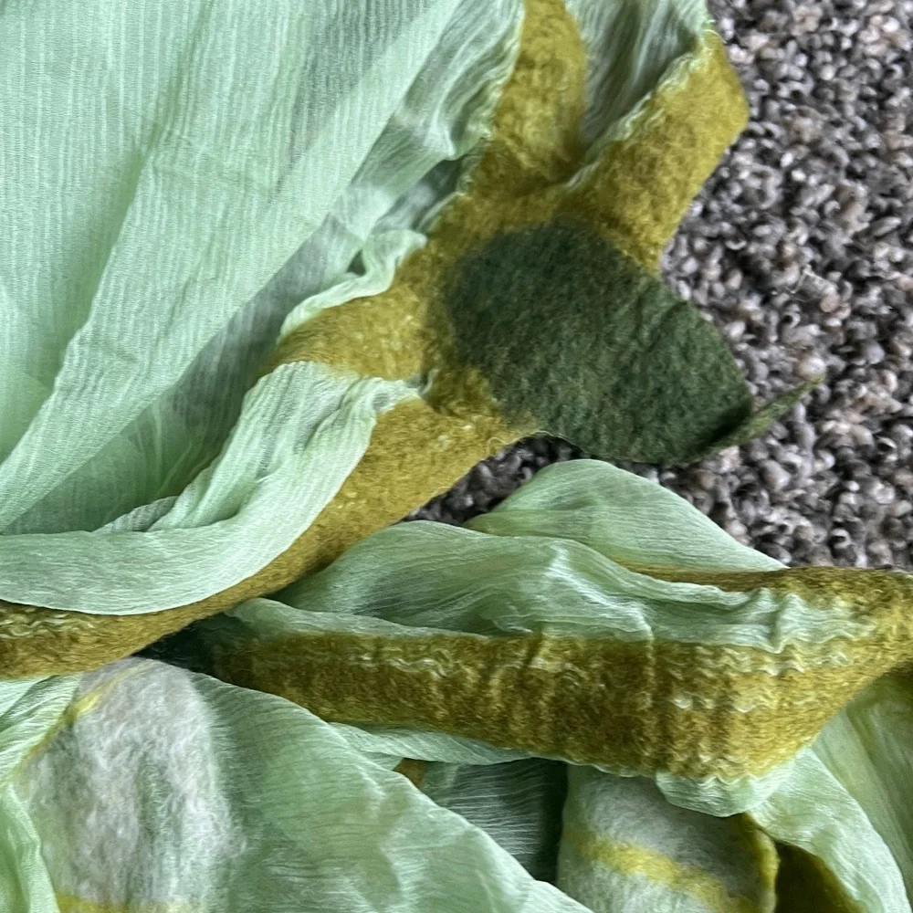 Light Green Scarf with Yellow Felted Trim and Floral Petals